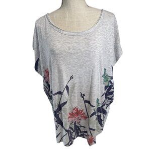 Gray Floral Print Loose-Fit Womens T-Shirt Scoop Neck Short Sleeves L